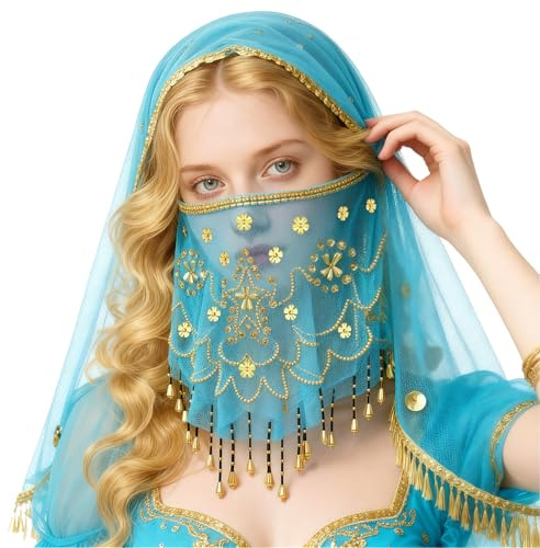 Velos para la cara para la danza del vientre Vestidos de malla Velo para la cara con perlas Accesorio de disfraz, transparente, Taglia unica