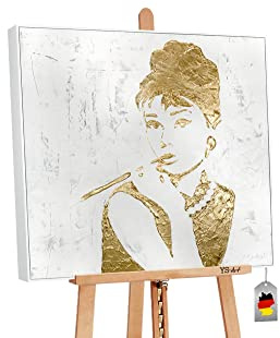 YS-Art Abstrakt Acryl Gemälde auf Leinwand Audrey Hepburn handgemalt Wandbild Wohnzimmer modern Wohndekor Bild weiß Gold Künstlerin Marina Julinski 100x100 cm