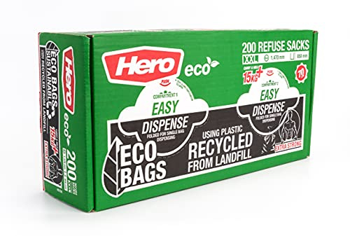 Hero Eco Extra Strong Bin Bags Liners 70L – Pack of 200 Heavy Duty Refuse Sacks | Recycled Plastic Bin Liners for Household, Garden & Commercial Use – Easy Dispense Box