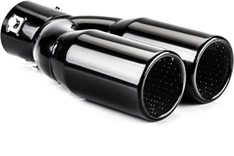 AMiO Doppel-Auspuffblende Schwarz Hochglanz Universal, 35-50mm, 02194 | Anschluss, Edelstahl Rostfrei, Sport Endrohr, Montage mit Oder ohne Schweißen, Auto Tuning, Styling Endrohrblende
