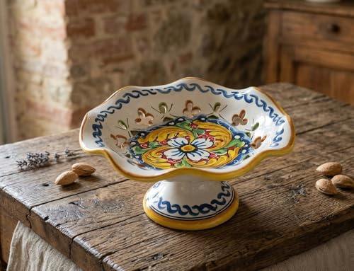 ILAB Centrotavola alzata piccola in ceramica decorata a mano da ceramisti siciliani di Santo Stefano di Camastra fiore rosso art 5