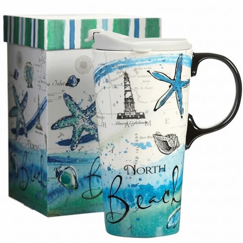 Topadorn Ceramic Travel Mug Coffee Cup with Lid, 17oz / 500ml Nautical Beach Map & Lighthouse Print, Matching Gift Box – Suitable for Home, Office or Holiday Gift