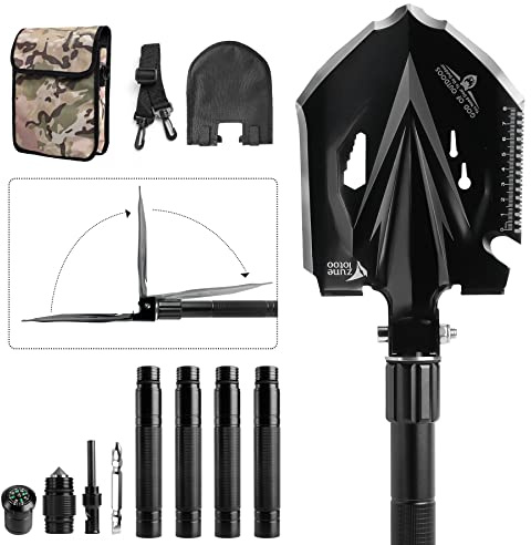 Zune Lotoo Camping Shovel Folding Multitool, 18 in 1 Compact Tactical Survival Shovel High Carbon Steel Camping Gear for Men Outdoor Hiking Backpacking Spade Emergency Car Offroad Entrenching Tool