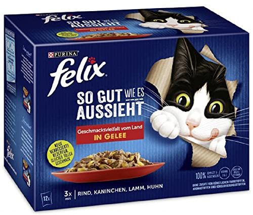PURINA FELIX So gut wie es aussieht in Gelee Geschmacksvielfalt vom Land Katzennassfutter 12x85g Portionsbeutel