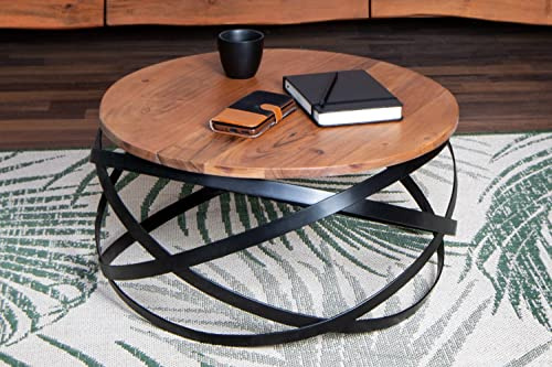 SAM Couchtisch Allison, Akazienholz massiv + nussbaumfarben, 60x60x30 cm | runder Sofatisch mit schwarzem Metallgestell, Industrial-Design