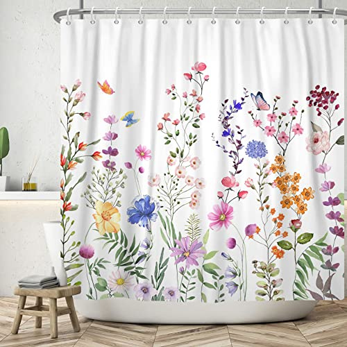 MIRRORANG Aquarell-Blumen-Duschvorhang, wasserdicht, schimmel- und schimmelresistent, Polyester-Duschvorhang für Badezimmer, dekorativer Stoffvorhang für Zimmerwanne mit 12 Haken (180 x 180 cm)
