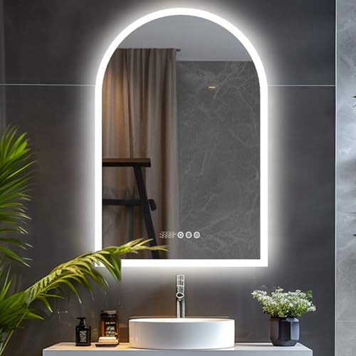 LUVODI Bogen Badspiegel mit Beleuchtung: Smart LED Badezimmerspiegel mit 3 Touchschalter, Uhr, Wetterstation - Beschlagfrei Lichtspiegel Wandspiegel Ganzkörperspiegel 90 x 60 cm