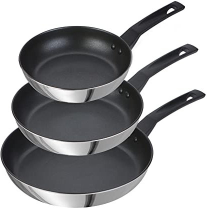 Prestige 9 x Tuffare rostfritt stål stekpanneset non-stick – induktionsstekpanna, set med 3, 21/25/29 cm med repbeständig non-stick non-stick känsla, håll svala handtag, diskmaskinssäkra köksredskap