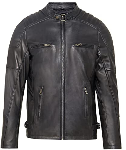 URBAN 5884 Giacca Pelle Uomo RALF, Giubbotto in Vera Pelle Ovina in Stile Biker, Morbido e Resistente, Nera, L
