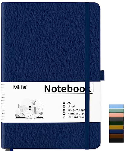 Mlife Notizbuch liniert A5,Journal Buch mit 200 Seiten,Premium 100gsm Tintenfestes Papie Dickes,PU Hard Cover Notebook,Innentasche,Elastisch Gebändert,bullet journal & Notizblock Hardcover(Blau)