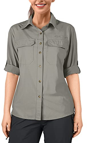 33,000ft Women's Hiking Shirts UPF50+ UV Protection Outdoor Shirt Quick Drying Casual Shirt Long Sleeve Functional Shirt Fishing Shirt for Walking Safari Travel Golf Grey Green XL