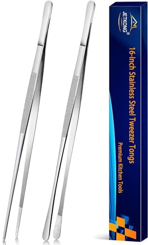 JETKONG 2 Pcs 16-Inch Cooking Tweezers Stainless Steel, Straight Food Tweezers, Professional Kitchen Tweezers/Forceps for Cooking Repairing and BBQ (16-Inch, Silver)