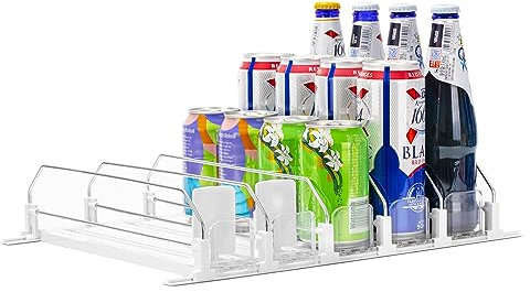 Rula Getränke-Organizer für Kühlschrank, selbstdrückender Soda-Dosenspender für Mini-Kühlschrank, breitenverstellbarer Wasserflaschen-Schieber, weiß, 5 Reihen, 31 cm Durchmesser