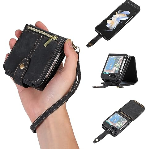 UEEBAI Handykette Hülle für Samsung Galaxy Z Flip 5 5G, 3 Kartenfäche Retro Leder Geldbörs Flip Case mit Umhängegurt Handschlaufe Standfunktion Wallet Reißverschluss Handyhülle – Schwarz