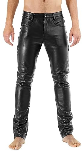 Bockle® Nya 411 läderjeans läderbyxor herr jeans läderjacka, Svart, 38W x 36L