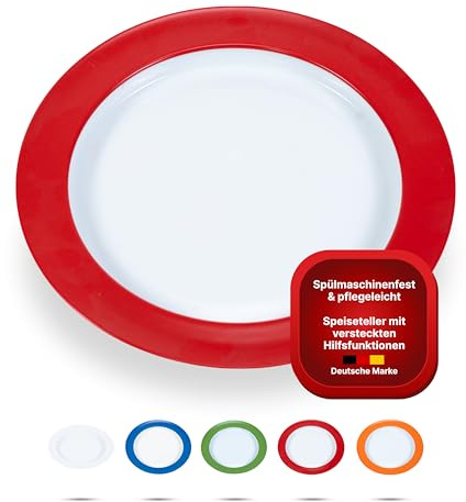 unisonoPLUS - Plato llano especial de porcelana con borde deslizante de 26 cm, función auxiliar oculta, para personas mayores, plato de una mano, calidad gastro (resistente y atemporal), color rojo