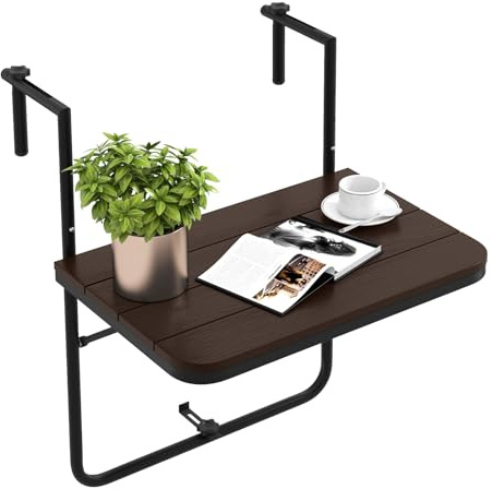COSTWAY Mesa Colgante Plegable de Balcón, Altura Ajustable en 3 Niveles, Barandas de 3-15 cm, Mesa Plegable Balcon, Terraza, 40X60cm, hasta 30kg (café)