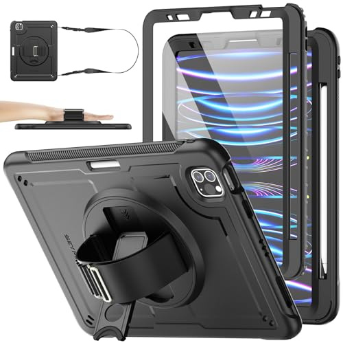 SEYMAC stock Hülle für iPad Air 5./4. Generation 10,9'' & Pro 11'' 2022-2018, Stoßfeste Hülle mit Displayschutz, Stifthalter, 360° Drehbarer Ständer/Handschlaufe & Schultergurt, Schwarz