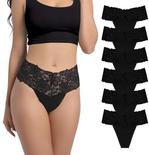 Yuamose Tangas mit hoher Taille, für Damen, C-Abschnitt, Schwangerschafts-Höschen, Baumwolle, Spitze, Unterwäsche, Übergröße, 6 Stück, 6 x Schwarze Stringtangas, L