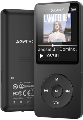 AGPTEK MP3 Player 32GB Bluetooth 5.3, 1.8 Zoll 40 Stunden Wiedergabezeit Digital Kinder MP3 Player mit FM Radio, bis zu 128G,(Ohne Kopfhörer) Schwarz