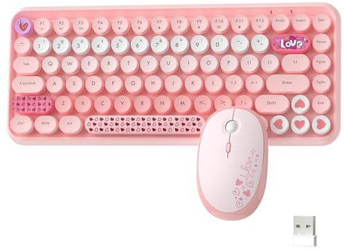 A.JAZZ Retro Tastatur Maus Set Kabellos,2,4 GHz USB 84 Tasten Schreibmaschine Kawaii Runde Jelly Tastatur - Kleine Ästhetische Maus, Kompatibel mit Laptop-Computer für Bürospiele-Farbverlauf Rosa