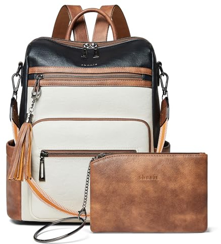 Shrrie Rucksack Damen,Cityrucksack Reiserucksack,PU Lederrucksack Handtasche Rucksack Damen Wasserdicht mit Geldbörse für Freizeit,Büro,Pendeln,Arbeit,Daypack-Schwarz mit Braun und Weiß