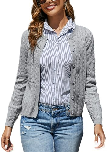 Dosieyeo Cardigan da donna, elegante, a maniche lunghe, con motivo a treccia, morbido cardigan con scollo rotondo, con bottoni, per l'autunno, grigio., S