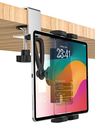 GDZN surfplattehållare underskåp, iPad-hållare bord med metallklämma, 360° vridbart köksskåp surfplattestativ för iPad Pro Air Mini, Galaxy Tab, alla 4,7–15,6 tums surfplattor