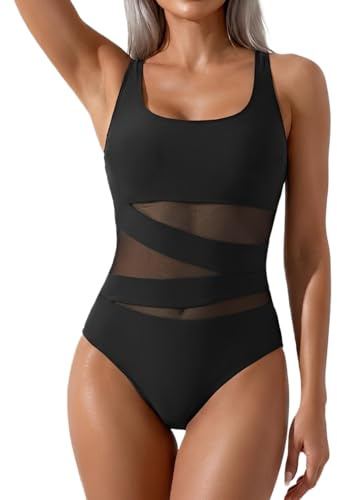 B2prity Damen-Badeanzug, Netzstoff, Bauchkontrolle, sexy Badeanzug, Push-Up-Badeanzug, schlankmachende Bademode, Schwarz, S