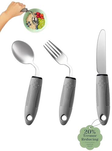 CuraVita Juego de utensilios adaptativos (3 piezas) – Ángulo de 42°, cubiertos con peso de 3 onzas para Parkinson, temblores de manos y artritis – Ayudas ergonómicas para comer de fácil agarre