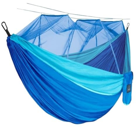 Doppel Hängematte Outdoor mit Moskitonetz Fallschirmstoff Mückenschutz Schaukel Baum Camping Schlafhängematte Blau S