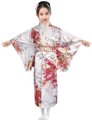 Générique Kimono Japonais Enfant Yukata Ancien Style - Fille Kimono Gamins Traditionnel Vêtements Soie Tissu Peignoir Cosplay Festival Anniversaire Photographie Costume Mariage Fête Performance Robe