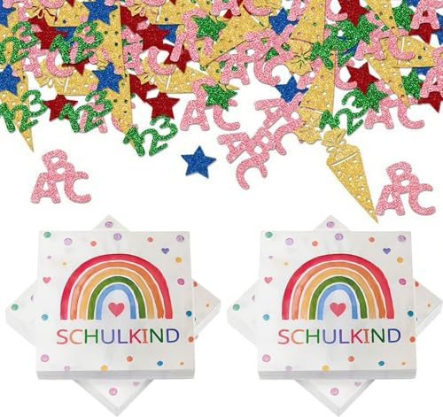 41 Stück Servietten Einschulung Regenbogen, Schulkind 2025 Mädchen, Einschulung Servietten Deko Schulkind 2025 Mädchen und Junge, Regenbogen Party, Schulanfang Deko, Tischdeko (33 x 33 cm)