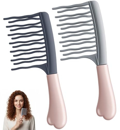 2 Pack Curly Hair Comb, Detangling Comb with Double-Layer Wavy Teeth & Ergonomic Handle, Detangling Combs for Thick/Wet Hair, Travel Friendly