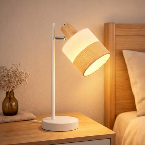 CBJKTX Tischlampe Wohnzimmer Nachttischlampe Vintage Holz Tischleuchte | mit Kabel E14 Nachttischleuchte Stoff Rustikal Retro Bettlampe Drehbar für Arbeitszimmer Schlafzimmer (ohne Leuchtmittel)