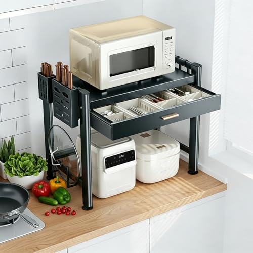 Étagère à Micro-ondes avec Tiroirs, étagère de Cuisine à 2 Niveaux, Support en Acier au Carbone, Réglable en Hauteur, Organisateur de Rangement de Cuisine avec 6 Crochets et 4 Boîtes de Rangement