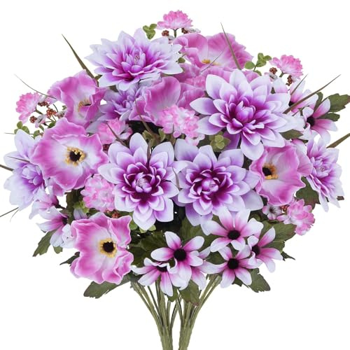 Zythrem Artificial Cemetery Flowers for Grave 2 PCS 17.7 Purple Large Dahlia Artificial Daisy Bouquet Silk Memorial Flowers for Gravesite Home Arrangements Table Centerpieces Indoor Kitchen Wedding