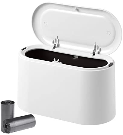 Tischmülleimer mit Aufpoppen Deckel, 2L Mini Mülleimer Klein mit 2 Rollen Müllsäcke, Kompaktes Design Mini Kosmetikeimer, Plastik Tischabfalleimer für den Waschtisch 22 * 11 * 13cm