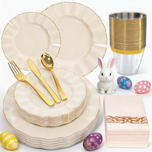 Glowserve 175 Piece Plastic Dinnerware Set Disposable Dinnerware Set for 25 Guests Include 50 Plastic Plates 25 Silverware Set 25 Cups and 25 Napkins for Easter Party Wedding Birthday（White and Gold）