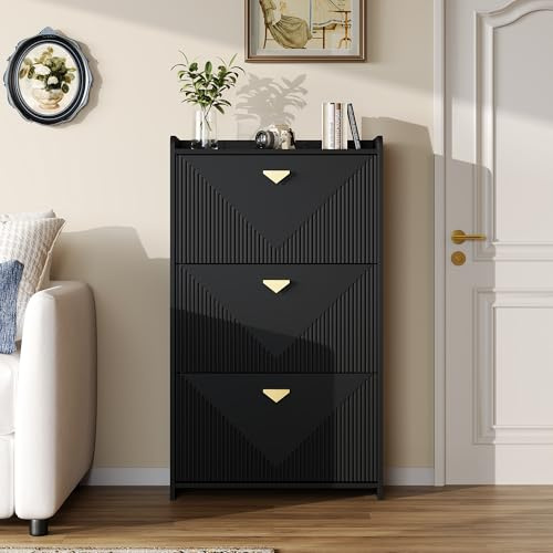 Kebnor Scarpiera con 3 ante inferiori, scarpiera con 6 scomparti per scarpe, credenza, armadietto per soggiorno, MDF, nero, design sottovuoto, larghezza della cassa regolabile, nero, 70 x 30 x 120 cm