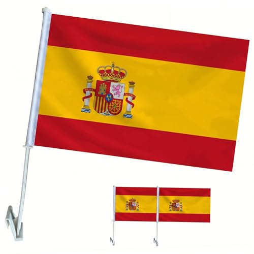 YESAH 2P Bandera de España para Coche Copa del Mundo,30x45cm,Banderas Españolas para Ventana de Coche, Bandera de Poliéster Impermeable para Aficionados al Fútbol, Exteriores y Decoración de Coche
