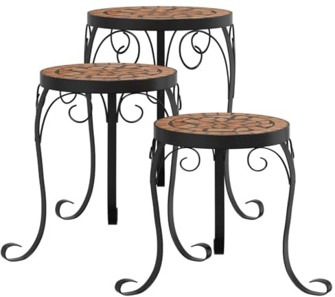 Supporto per piante, 3 pezzi, terracotta, in ceramica, con struttura in ferro verniciato a polvere, design a mosaico, per balcone, terrazza, soggiorno, giardino, interni ed esterni, decorazione e