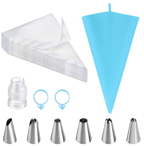 Piping Bags and Nozzles Sets, 100 Disposable Piping Bags, 1 Reusable Piping Bag, 6 Nozzles, 1 Couplers, 2 Bag Ties, for Cake Cupcake Dessert Cookies Decoration