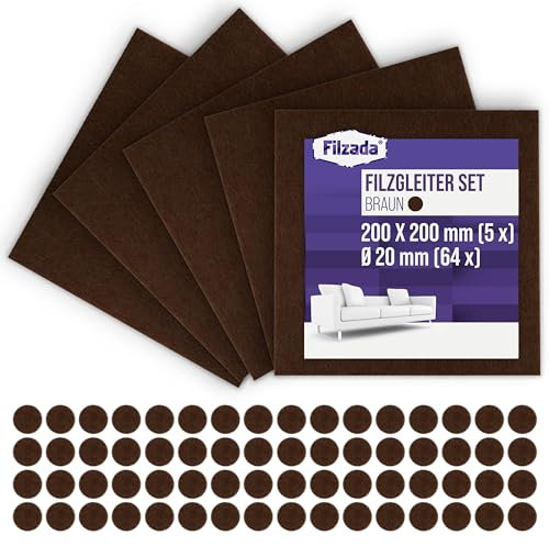Filzada® Fieltro Adhesivo XXL Set (5X 200x200 mm + 64 Ø 20 mm) - Almohadillas de Fieltro Adhesivo - Marrón - Deslizadores para Muebles