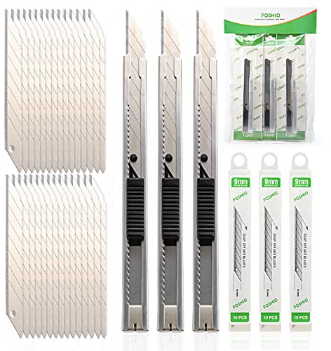 FOSHIO 3pcs Cutter Professionnel Retractable avec 30 Lames 9 mm 30°, Chariot en Aluminium, Lames sécables, Système de blocage sécurité,Cutter de précision
