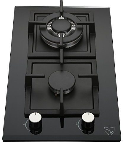 K&H Domino 2 Zonen Glas Gaskochfeld 30cm Wok Brenner Erdgas Autark Eigebaut mit Thermoelement-Flammenaustrittssystem 2Z-KHGW