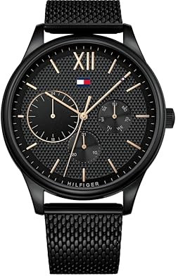 Tommy Hilfiger Herren-Multifunktions-Quarzuhr mit 44 mm - Schwarzes Zifferblatt mit Clou de Paris Muster, Schwarzes Edelstahl-Mesharmband, Wasserbeständig bis 5ATM - 1791420