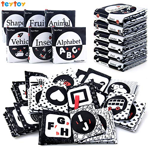 teytoy My First Soft Book, 6 PCS Nontoxic Fabric Cloth Activity Crinkle Black and White Books for Infants Boys and Girls Early Educational Toys Perfect for Baby Shower