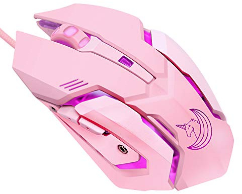 Rosa spelmus tyst klick, 7 färger LED-bakgrundsbelyst optiska spel möss ergonomisk USB trådbundna möss kompatibel med bärbar dator PC, 7 knappar, 4 justerbar DPI