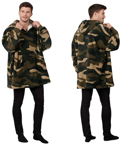 Dreamscene Camo Oversized Hoodie Blanket Ultra Soft Plush Sherpa Fleece Wearable Warm Hooded Throw Cosy Giant Sweatshirt - Green Khaki